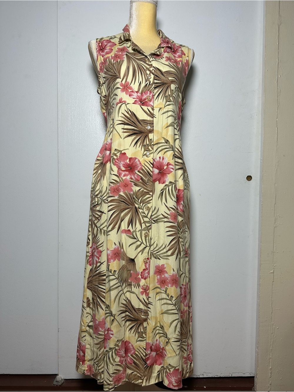 Vintage Bahama Beach Tropical Floral Print Button Down Maxi Dress Size M